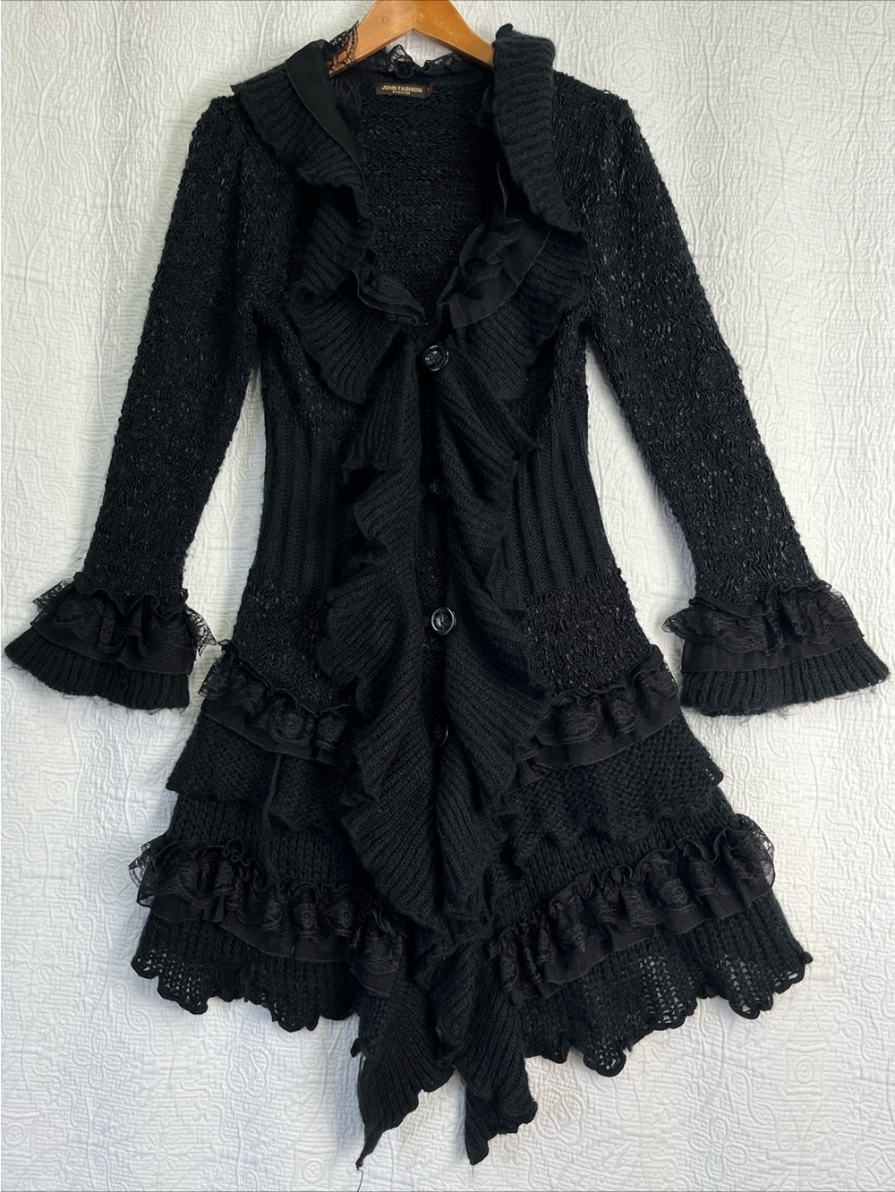Y2K Knit Sweater Black Fairy Witchy Whimsigoth Boho Ruffle Cardigan John Fashion